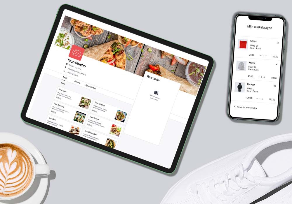 Bestelplatform voor restaurants en winkels op een tablet en een telefoon