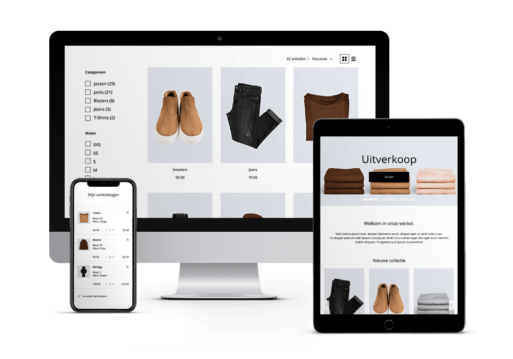 Kleding webshop op desktop, iPad en mobiel