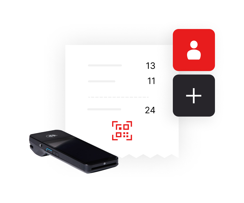 Zwarte betaalterminal met een bonnetje op de achtergrond.