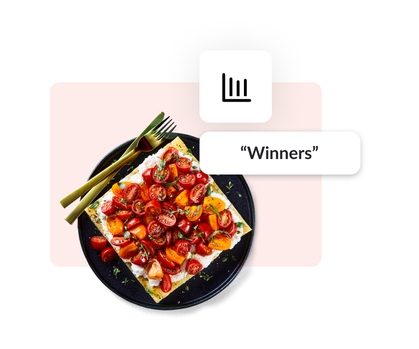 Gerecht met tomaatjes en grafiek met "winnaar"