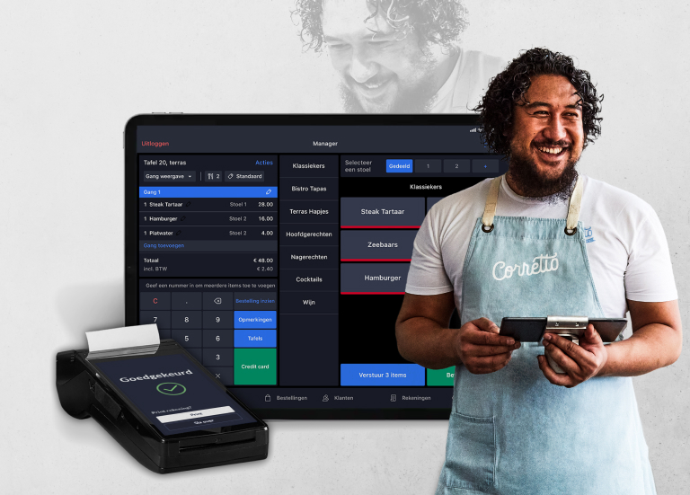 Betaalterminal, iPad interface en horecaondernemer.