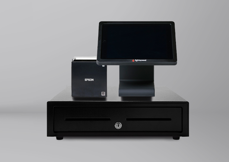 Lightspeed Hardware set-up met bonprinter, kassalade en Lightspeed stand met iPad